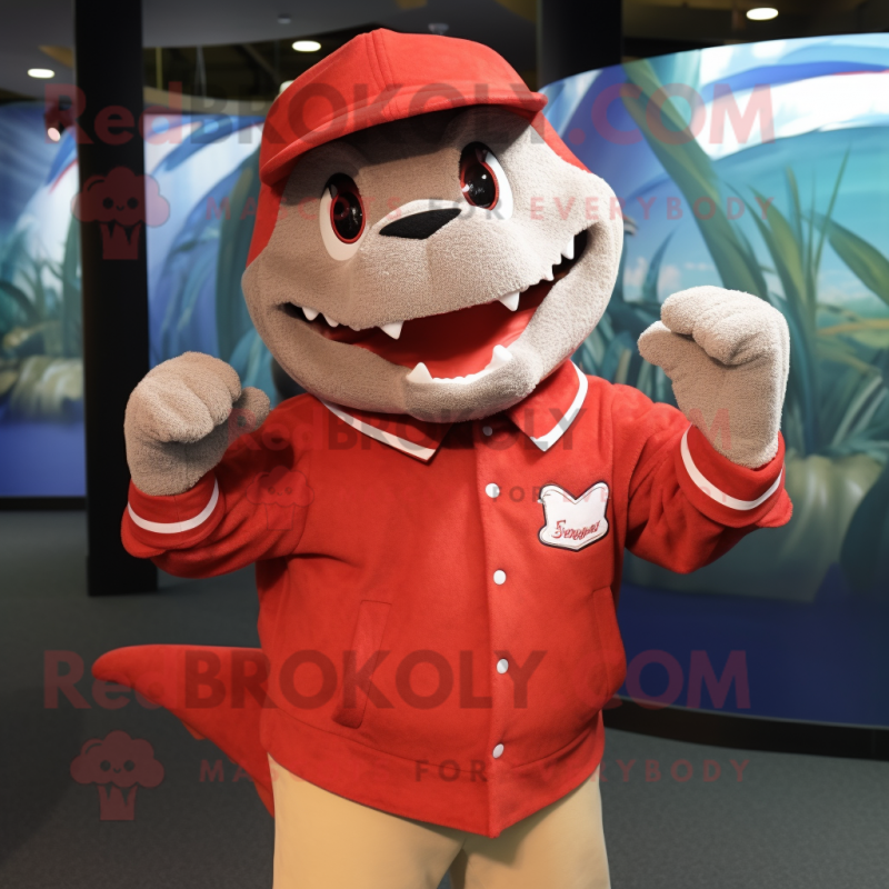 Red Shark mascot costume character dressed with a Button-Up Shirt and Mittens