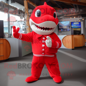 Red Shark mascot costume character dressed with a Button-Up Shirt and Mittens
