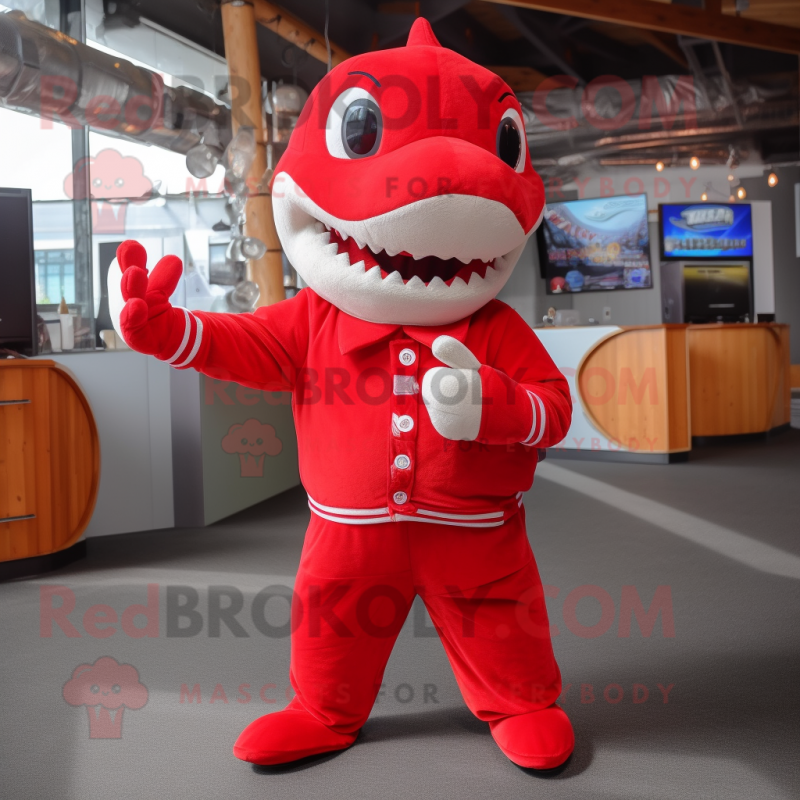 Red Shark mascot costume character dressed with a Button-Up Shirt and Mittens