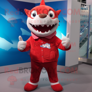 Red Shark mascot costume character dressed with a Button-Up Shirt and Mittens
