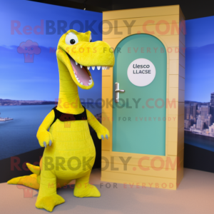 Lemon Yellow Loch Ness Monster mascot costume character dressed with a Vest and Earrings