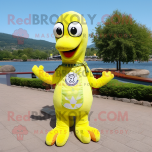 Lemon Yellow Loch Ness Monster mascot costume character dressed with a Vest and Earrings