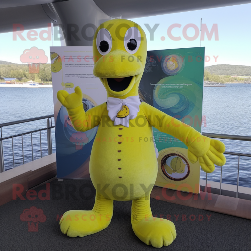 Lemon Yellow Loch Ness Monster mascot costume character dressed with a Vest and Earrings Lemon Yellow Loch Ness Monster mascot costume character dressed with a Vest and Earrings