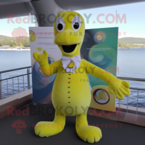 Lemon Yellow Loch Ness Monster mascot costume character dressed with a Vest and Earrings