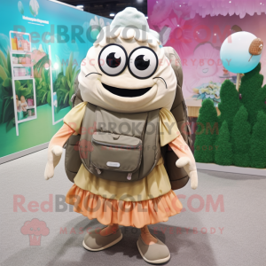 nan Oyster mascot costume character dressed with a Maxi Skirt and Backpacks