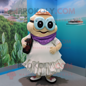 nan Oyster mascot costume character dressed with a Maxi Skirt and Backpacks