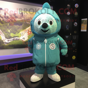 Cyan Pho mascot costume character dressed with a Parka and Lapel pins