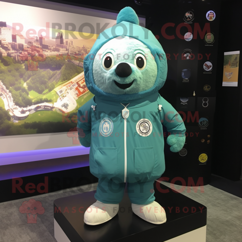 Cyan Pho mascot costume character dressed with a Parka and Lapel pins Cyan Pho mascot costume character dressed with a Parka and Lapel pins