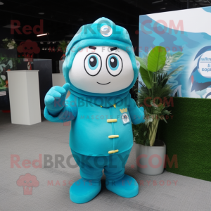 Cyan Pho mascot costume character dressed with a Parka and Lapel pins