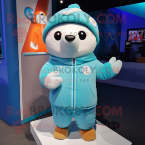 Cyan Pho mascot costume character dressed with a Parka and Lapel pins