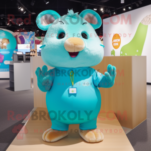 Turquoise Hamster mascot costume character dressed with a Polo Shirt and Brooches