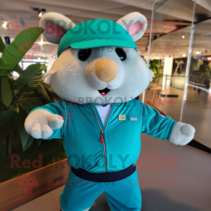 Turquoise Hamster mascot costume character dressed with a Polo Shirt and Brooches