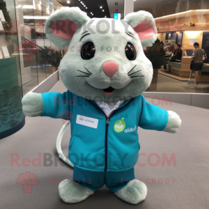 Turquoise Hamster mascot costume character dressed with a Polo Shirt and Brooches