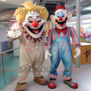 Beige Evil Clown mascot costume character dressed with a Boyfriend Jeans and Ties