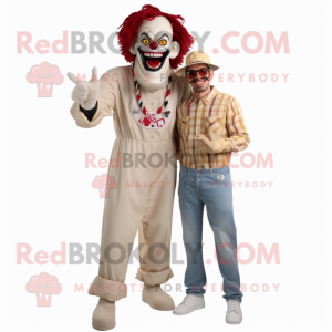 Beige Evil Clown mascot costume character dressed with a Boyfriend Jeans and Ties