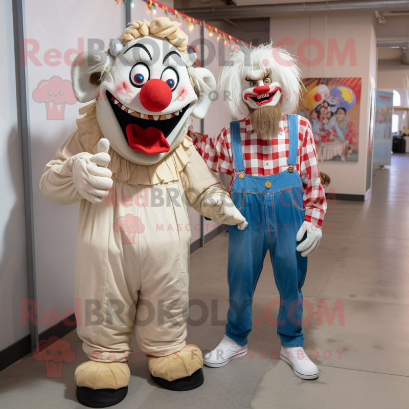 Beige Evil Clown mascot costume character dressed with a Boyfriend Jeans and Ties Beige Evil Clown mascot costume character dressed with a Boyfriend Jeans and Ties