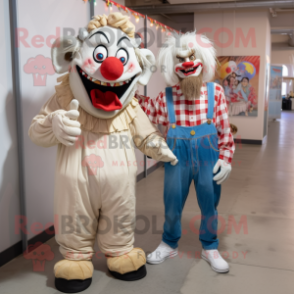 Beige Evil Clown mascot costume character dressed with a Boyfriend Jeans and Ties