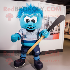 Blue Ice Hockey Stick mascot costume character dressed with a Graphic Tee and Hair clips