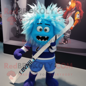 Blue Ice Hockey Stick mascot costume character dressed with a Graphic Tee and Hair clips