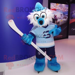 Blue Ice Hockey Stick mascot costume character dressed with a Graphic Tee and Hair clips