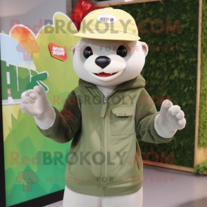 Olive Ferret mascot costume character dressed with a Sweatshirt and Hat pins