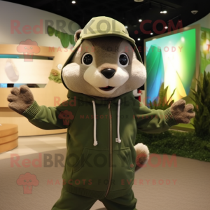 Olive Ferret mascot costume character dressed with a Sweatshirt and Hat pins