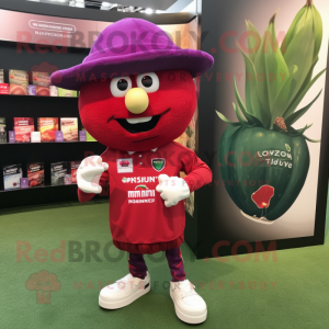 Magenta Tomato mascot costume character dressed with a Rugby Shirt and Hat pins