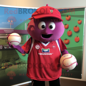 Magenta Tomato mascot costume character dressed with a Rugby Shirt and Hat pins