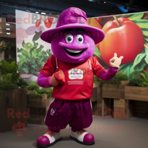 Magenta Tomato mascot costume character dressed with a Rugby Shirt and Hat pins