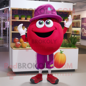 Magenta Tomato mascot costume character dressed with a Rugby Shirt and Hat pins