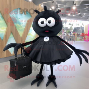 Black Spider mascot costume character dressed with a Skirt and Messenger bags