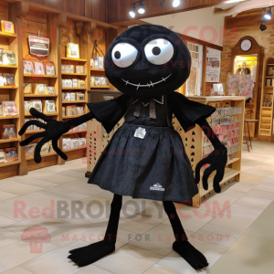 Black Spider mascot costume character dressed with a Skirt and Messenger bags