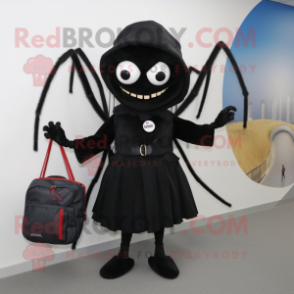 Black Spider mascot costume character dressed with a Skirt and Messenger bags