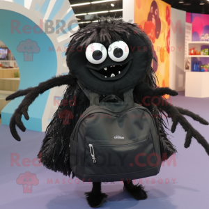 Black Spider mascot costume character dressed with a Skirt and Messenger bags