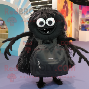 Black Spider mascot costume character dressed with a Skirt and Messenger bags