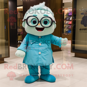 Cyan Dim Sum mascot costume character dressed with a Corduroy Pants and Eyeglasses
