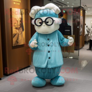 Cyan Dim Sum mascot costume character dressed with a Corduroy Pants and Eyeglasses