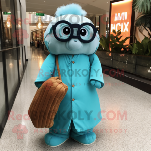 Cyan Dim Sum mascot costume character dressed with a Corduroy Pants and Eyeglasses