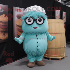 Cyan Dim Sum mascot costume character dressed with a Corduroy Pants and Eyeglasses