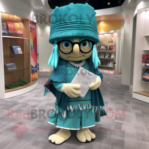 Teal Chief mascot costume character dressed with a Wrap Skirt and Reading glasses