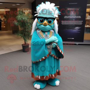 Teal Chief mascot costume character dressed with a Wrap Skirt and Reading glasses