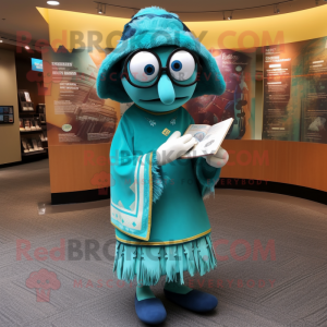 Teal Chief mascot costume character dressed with a Wrap Skirt and Reading glasses