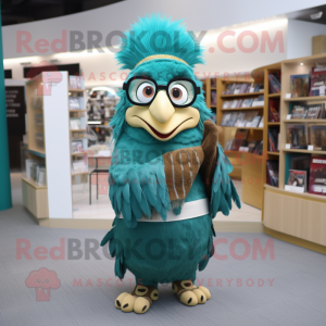 Teal Chief mascot costume character dressed with a Wrap Skirt and Reading glasses