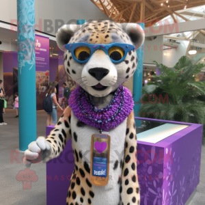 Lavender Cheetah mascot costume character dressed with a Bikini and Necklaces