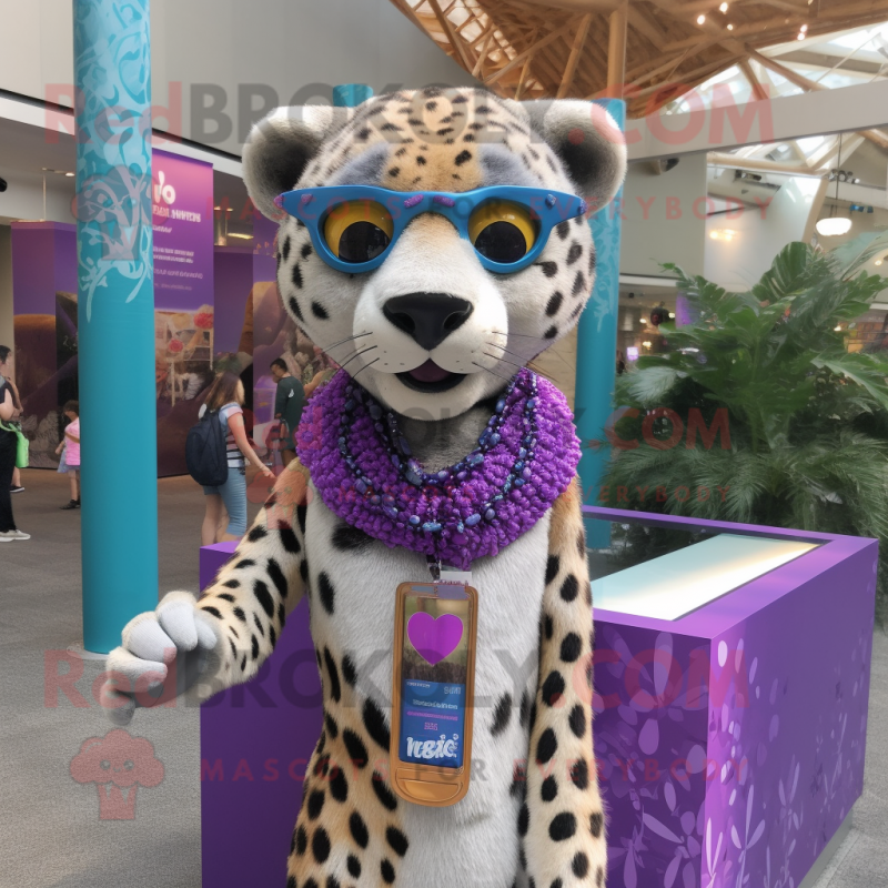 Lavender Cheetah mascot costume character dressed with a Bikini and Necklaces Lavender Cheetah mascot costume character dressed with a Bikini and Necklaces