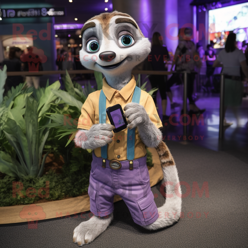 Lavender Meerkat mascot costume character dressed with a Jeans and Digital watches