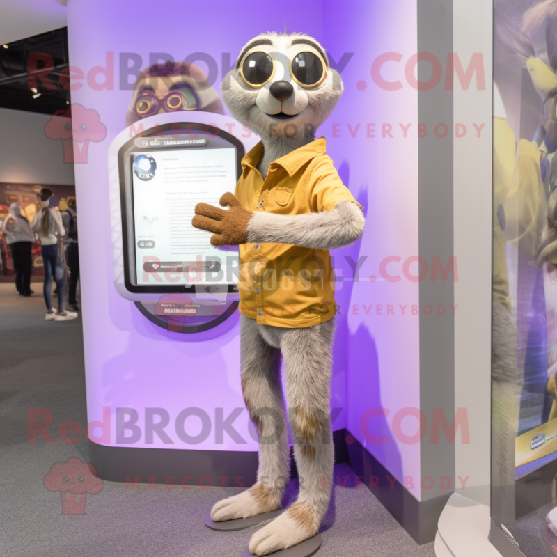 Lavender Meerkat mascot costume character dressed with a Jeans and Digital watches Lavender Meerkat mascot costume character dressed with a Jeans and Digital watches