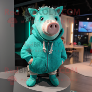 Turquoise Pig mascot costume character dressed with a Sweater and Shoe laces