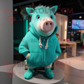 Turquoise Pig mascot costume character dressed with a Sweater and Shoe laces