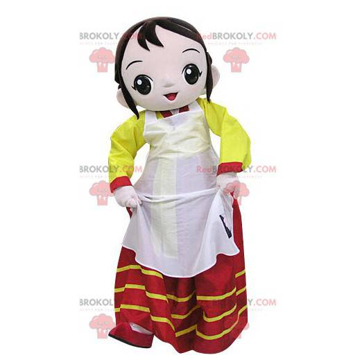 Mascotte de femme habillée d'une robe colorée - Redbrokoly.com